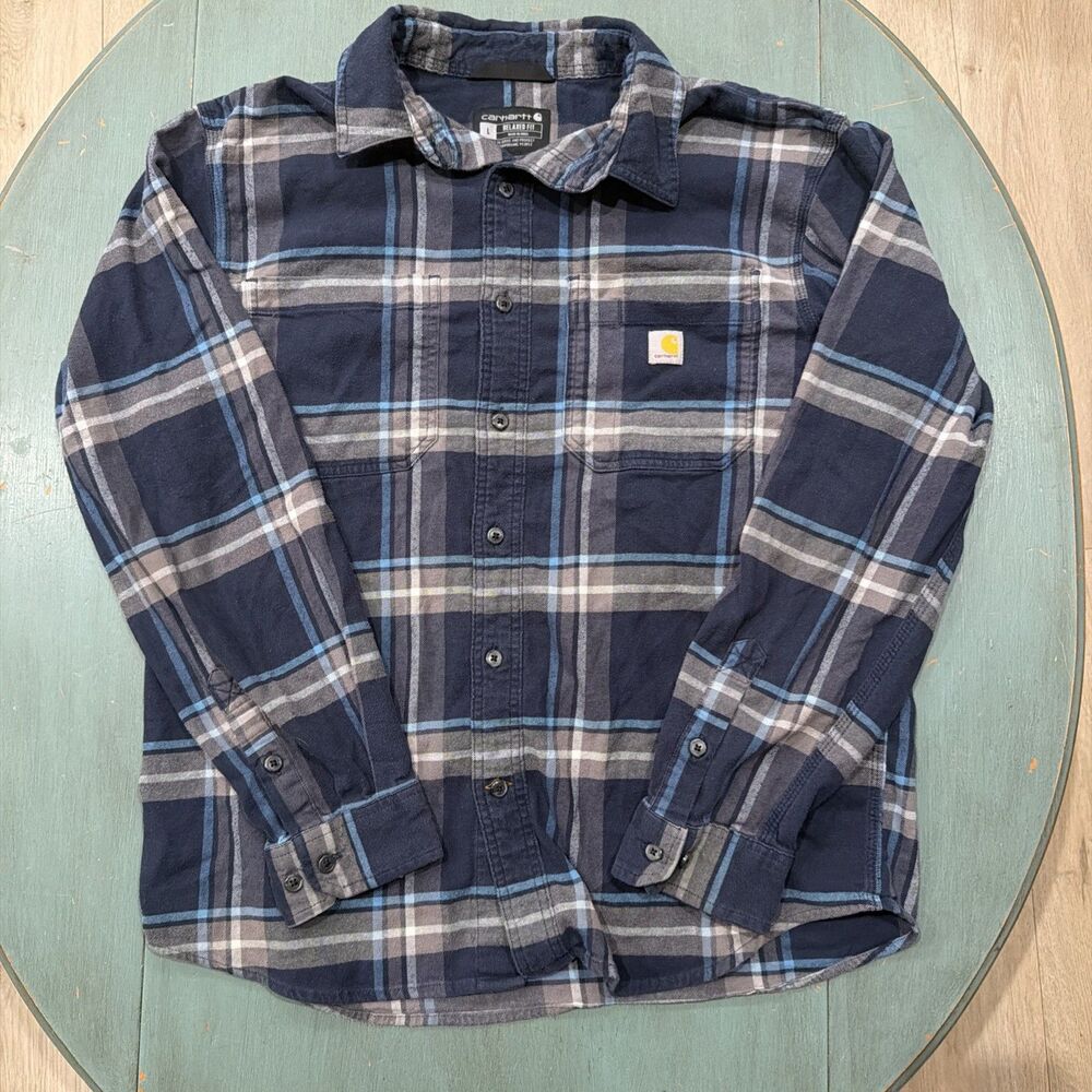 Carhartt Relaxed Fit Plaid Flannel Shirt Blue Gray Long Sleeve Size L TW5945